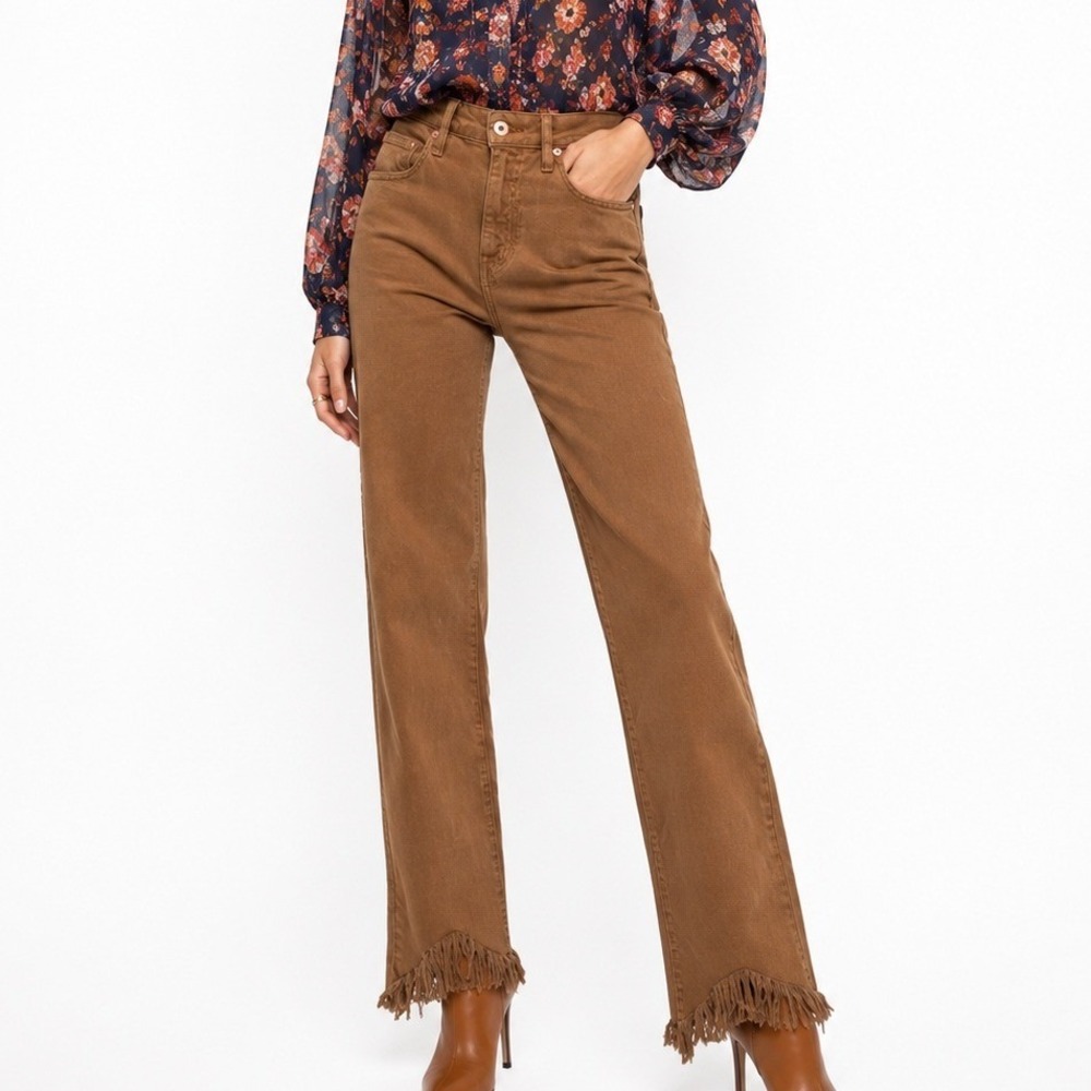 Jonathan Simkhai Standard Brown High Rise Straight Leg Frayed Hem Jeans 26